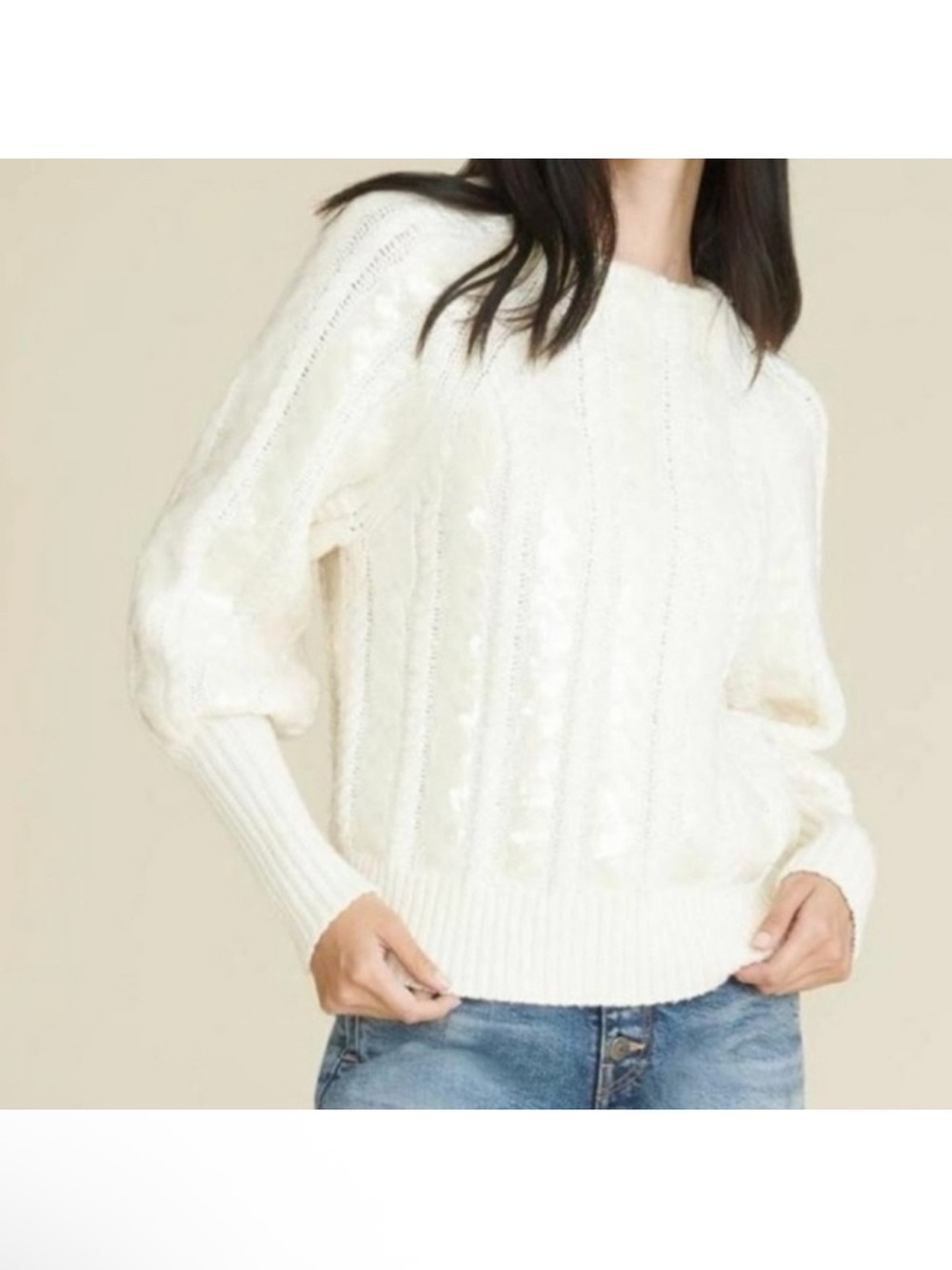 Veronica Beard Cream Cable Knit Balloon Sleeve Sweater